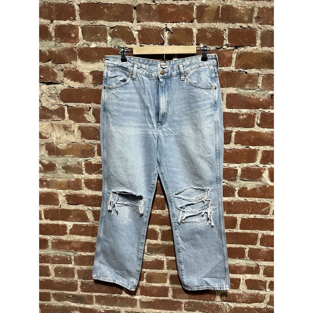 Wrangler Mens Blue Denim Straight Leg Distressed Jeans Size 31 x 28